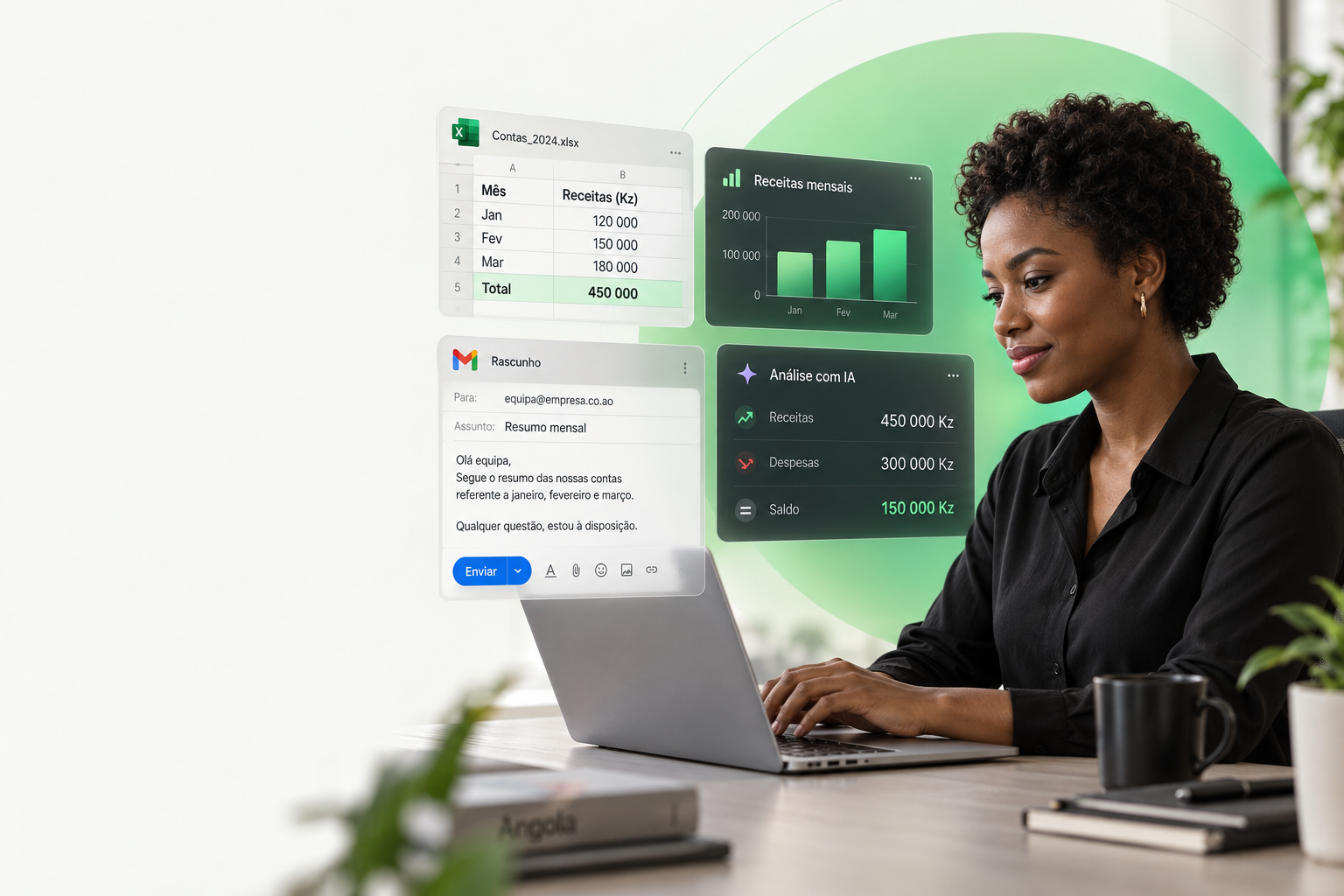 Ilustração criada com IA de uma profissional negra a trabalhar num portátil, com painéis de Excel, Gmail e análise de receitas e despesas.